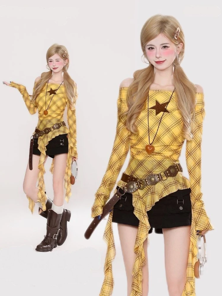 Y2K Plaid Slash Neck Vintage T - Embroidery 评论和价格