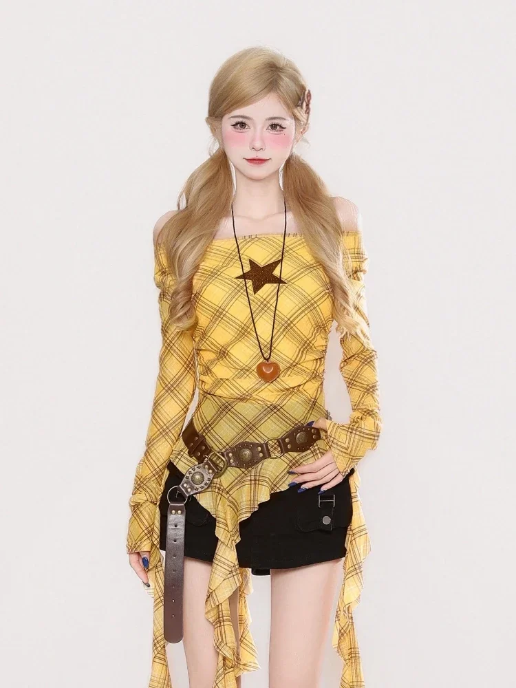 Y2K Plaid Slash Neck Vintage T - Embroidery 评论和价格
