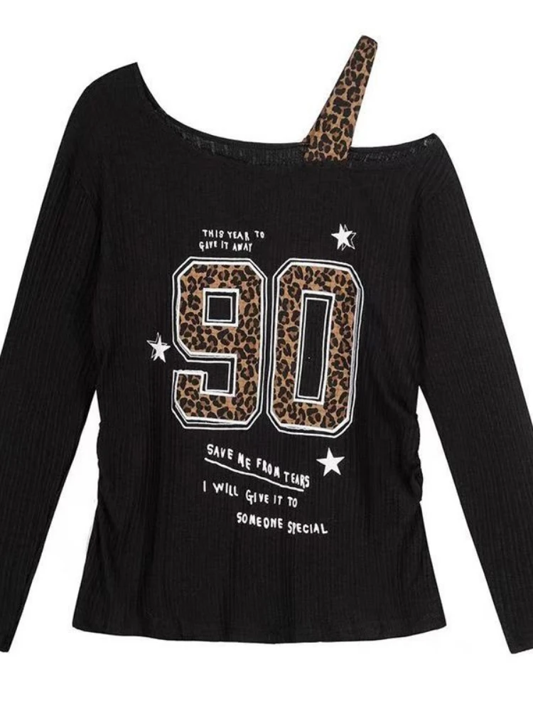 Y2K Patchwork Leopard Print T- - Embroidery 评论和价格
